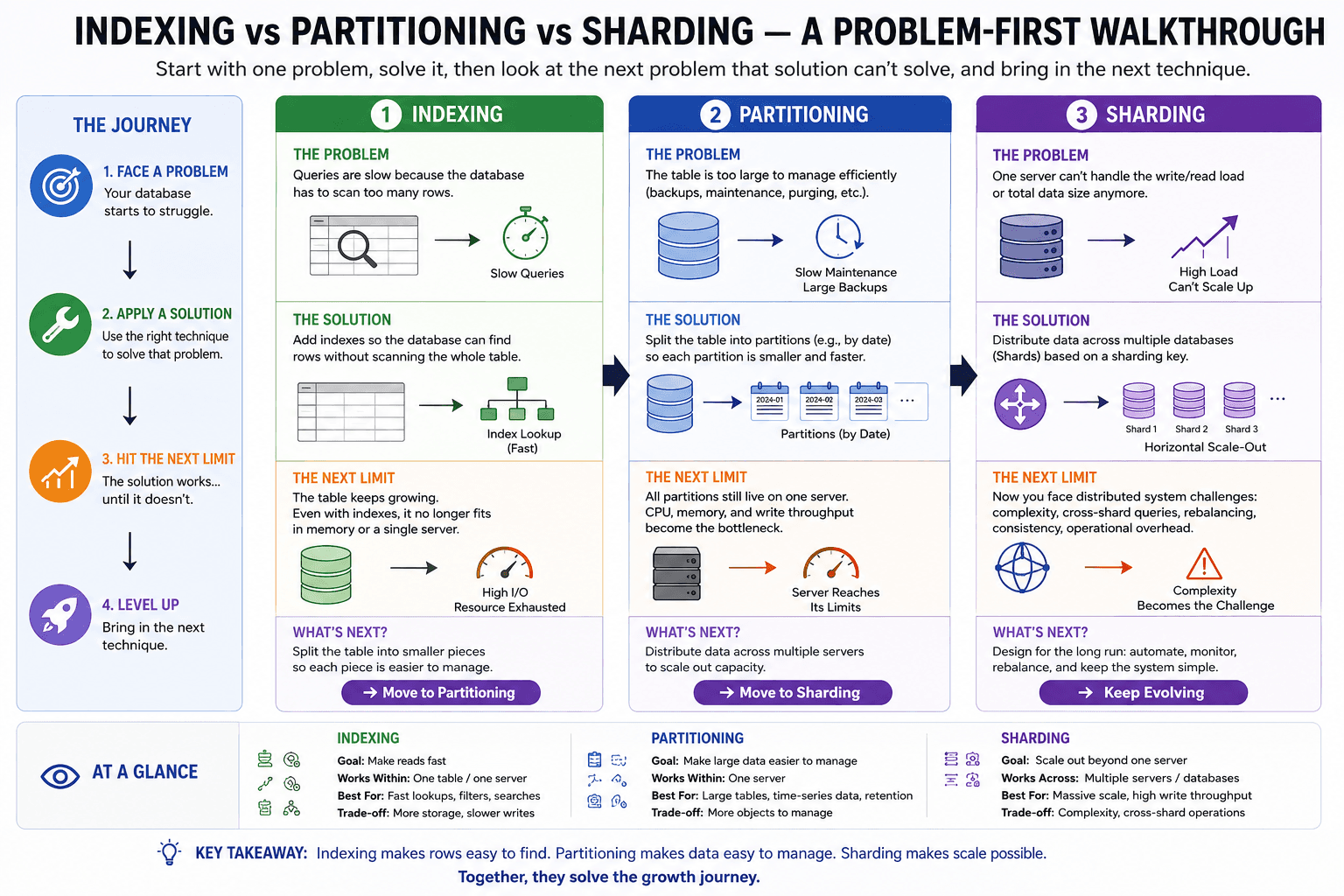 Indexing vs Partitioning vs Sharding: A Problem-First Walkthrough